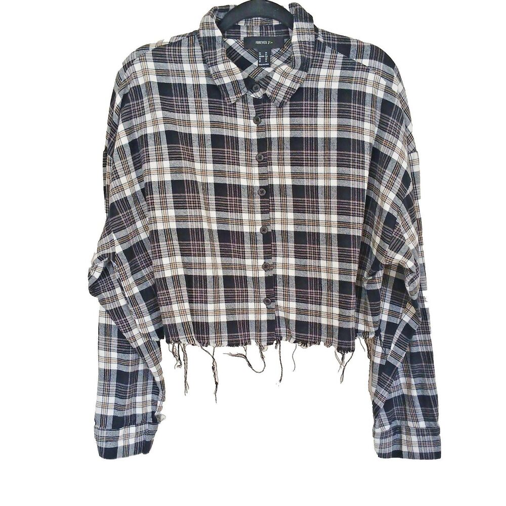 Forever 21+ Black/White Plaid Flannel Cropped long sleeve oversized shirt frayed